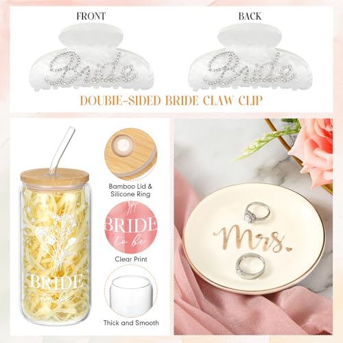 LemonRoad 11 Pcs Bride Gifts Basket Set for Bridal Shower Bachelorette Party Heart Glasses Glass Cup Makeup Bag Bracelet Claw Clip Scrunchies Card Bride to Be Box Wedding Engagement Gifts for Her