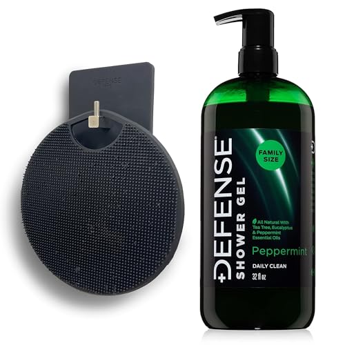 Defense Soap Peppermint Body Wash 32 oz with Tea Tree & Eucalyptus Oils + Silicone Body Scrubber & Shower Hook | Natural Antifungal Shower Gel & Exfoliating Set for Athletes and Active Lifestyles