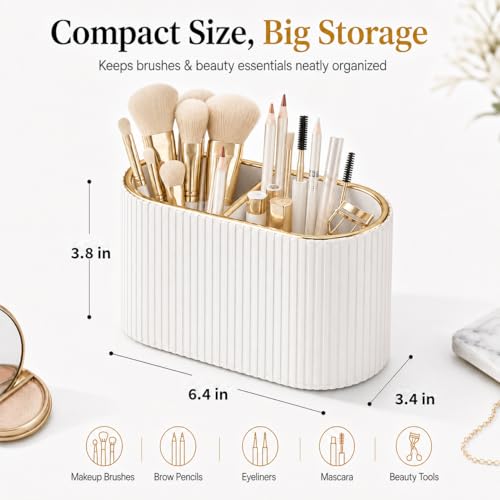 Cream White Makeup Brush Holder Organizer with 2 Slots - PU Leather Vanity Storage