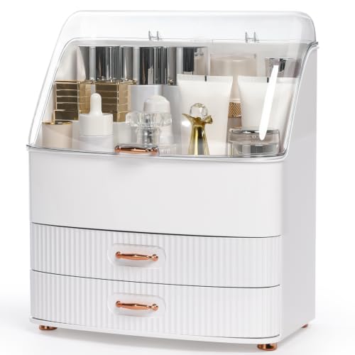 Makeup Organizer Countertop with Lid and 2 Drawers - White, Large Capacity