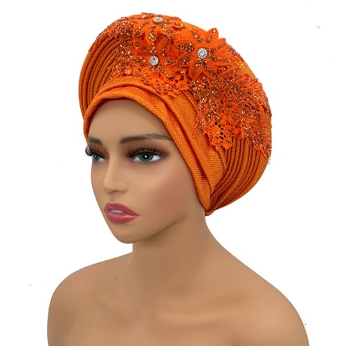 African Autogele Headwrap for Women - Nigeria Traditional Head Tie in Orange - Ready Made Bridal Geles for Weddings & Church