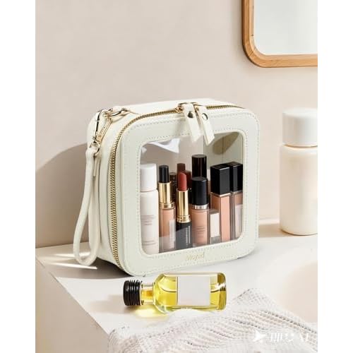 Moyad Clear Makeup Bag with Handle, TSA Approved Toiletry Bag, Transparent Cosmetic Case Car Essentials Make Up Storage for Ladies Girls - Beige