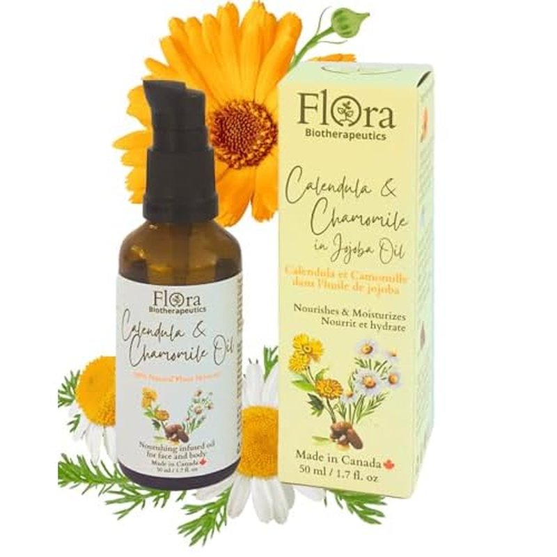 FLORA Organic Calendula & Chamomile Flowers Double Infused in Golden Jojoba Oil. 100% Plant Based & Unscented. 1.7fl oz. Gentle Soothing Oil for Sensitive Skin - for Face, Body, Hair - Made in Canada