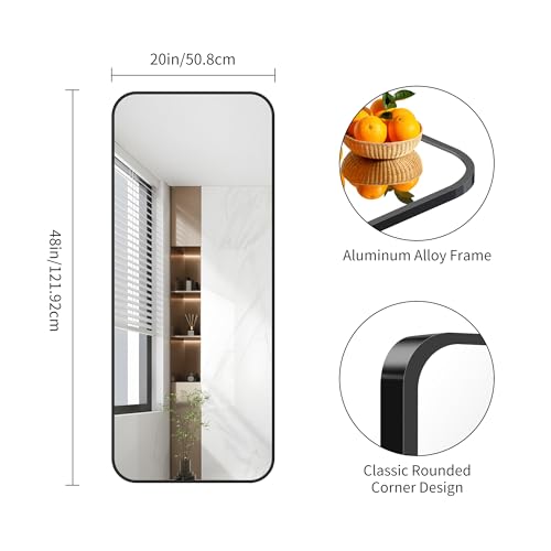 Black Bathroom Mirror 20x48 Inches Rectangle Wall Mount with Aluminum Frame – Rounded Corner Design