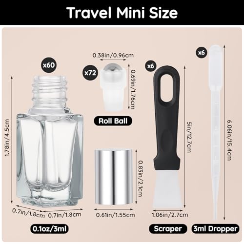 Segbeauty 60pcs 0.1oz Bulk Glass Rollerball Bottle for Perfume Oils, Gray Travel Roller Bottles for Essential Oils, 3ml Mini Travel Refillable Roller Ball Applicator, Small Glass Empty Roll On Bottles