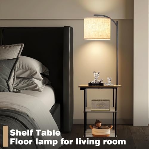 Vintage Grey Floor Lamp with 3-Tier Side Table and Charging Station