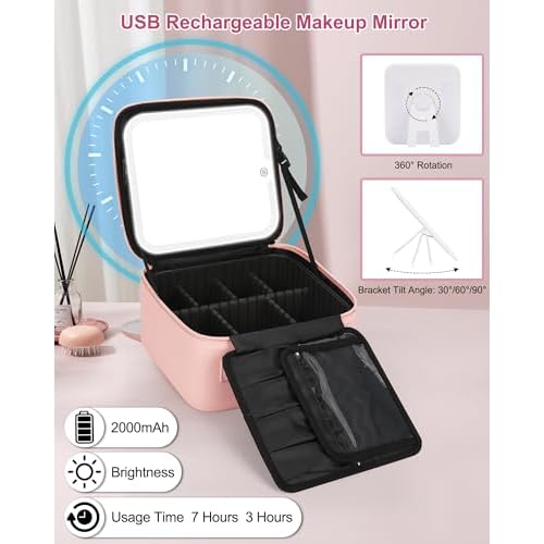 Relavel Initial Makeup Bag with LED Mirror for Women Girls, Personalized Travel Cosmetic Organizer Train Case, Birthday Gifts for Grandkids Bridesmaid Graduation Teacher Friends, Trendy Stuff, Pink K