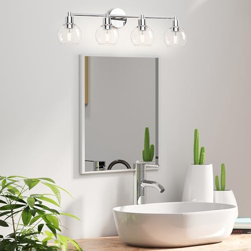 4 Lights Bathroom Vanity Light Fixtures - Chrome Globe Wall Sconce, Industrial Farmhouse Style - Polished Chrome, Over Mirror