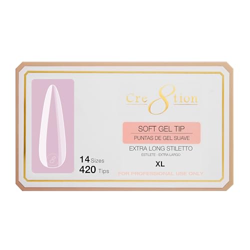 Extra Long Stiletto Gel Nail Tips - Soft Gel, XL Tips in 14 Sizes, Cre8tion