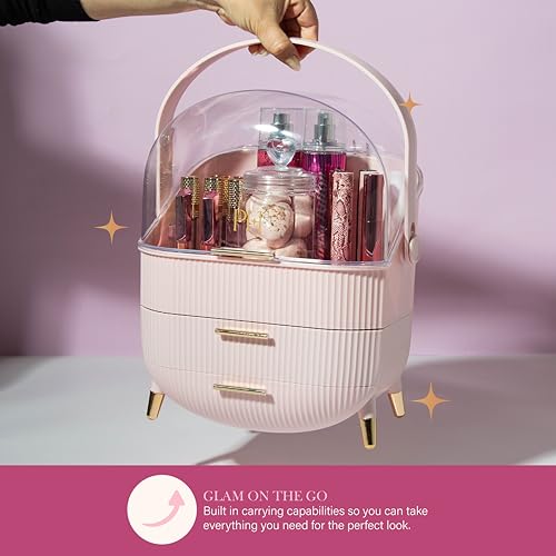 Paris Hilton Makeup Storage Organizer with Lid - Pink, Gold Accents, Portable Cosmetic Box for Vanity & Countertop - Organizer Box