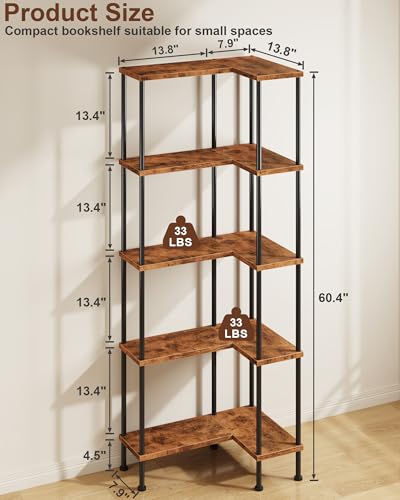 Rustic Brown 5-Tier L-Shaped Corner Bookshelf - Modern Storage Shelf