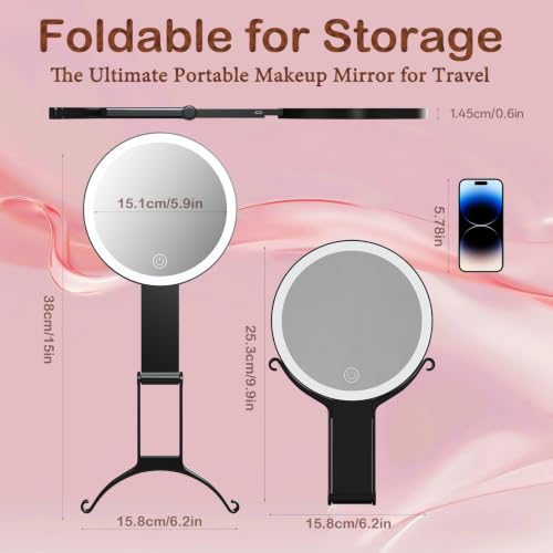 Travel Makeup Mirror with Lights & Foldable Stand - Black 1X/10X Magnification