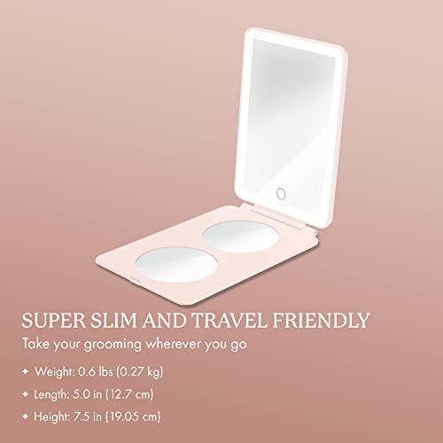 Travel LED Makeup Mirror with Lights & Magnification - Dimmable Compact Vanity Mirror