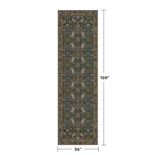 10 Ft Vintage Floral Runner Rug - 3x10 Dark Green & Brown Non-Slip Washable