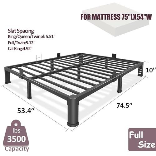 Full 10 Inch Heavy Duty Bed Frame with Round Corner Legs - Black, No Box Spring Needed