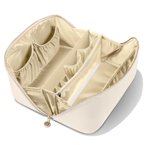 Large Travel Makeup Bag - Open Flat Cosmetic Organizer for Women - Beige, MSTONAL