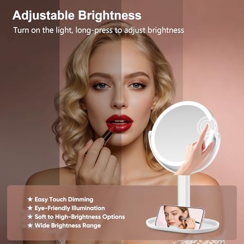 Lighted Makeup Mirror with 10X Magnification, Rechargeable LED Magnifying Vanity Mirror with 3 Lights, Adjustable Height, Storage Base and Phone Holder, Gifts for Women, White, 8 inch