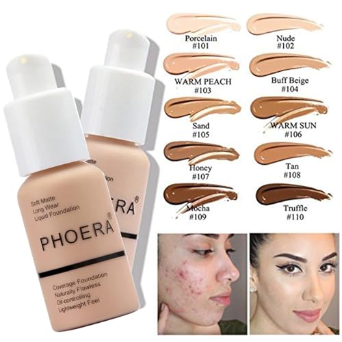 PHOERA Foundation, PHOERA Matte Liquid Foundation,PHOERA Makeup for Women, PHOERA Foundation Full Coverage Concealer, 30ml 24HR Matte Oil Control Concealer (102+104/ Nude+Buff Beige)