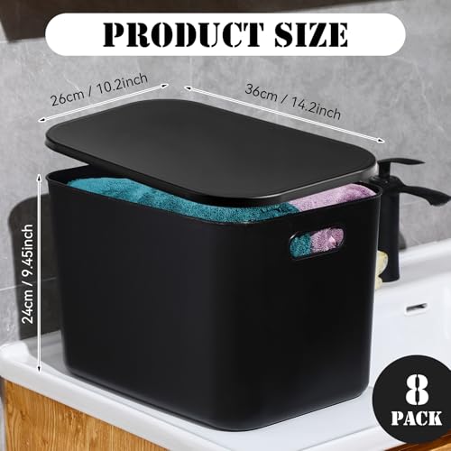 Storage Bins with Lids - 8 Pieces, 14.2 x 10.2 x 9.5 Inch Black Plastic Organizer