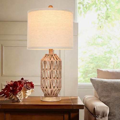 Set of 2 Rattan & Fabric Drum Shade Table Lamps - Boho Coastal Home Decor