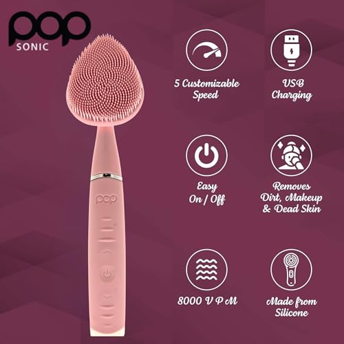 Pop Sonic Clover Facial Cleansing Brush Pink - 5 Speed Sonic Vibrations, Rechargeable Silicone Face Exfoliator & Massager