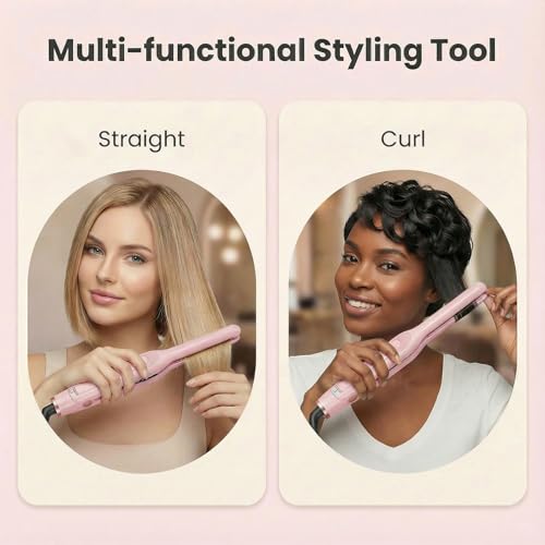 Pink Mini Flat Iron for Short Hair - 0.3 Inch Dual Voltage Hair Straightener & Curler