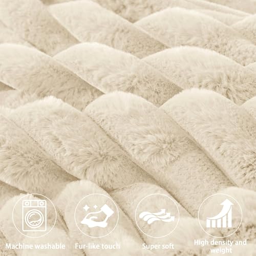Beige Faux Fur Headboard Pillow Set with 2 Neck Rolls - Queen Size