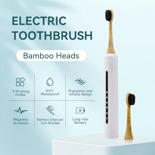 Electric Sonic Toothbrush with Bamboo Heads - White
