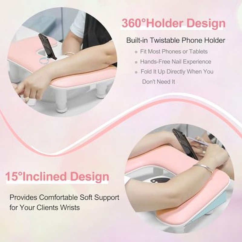 Big Arm Rest for Nails Tech with Rotating Phone Holder: 3nd Generation U-Shaped Manicure Nail Arm Rest Stand Height Adjustable Armrest for Acrylic Nails(Pink)