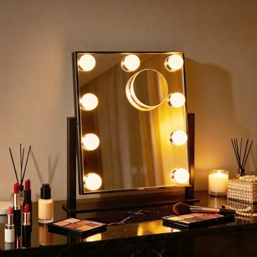 Vanity Mirror with Lights, Lighted Vanity Mirror with 9 Dimmable Bulbs for Dressing Room & Bedroom, 3 Color Lighting Modes, Detachable 10x Magnification 360¡ÆRatation (Black)