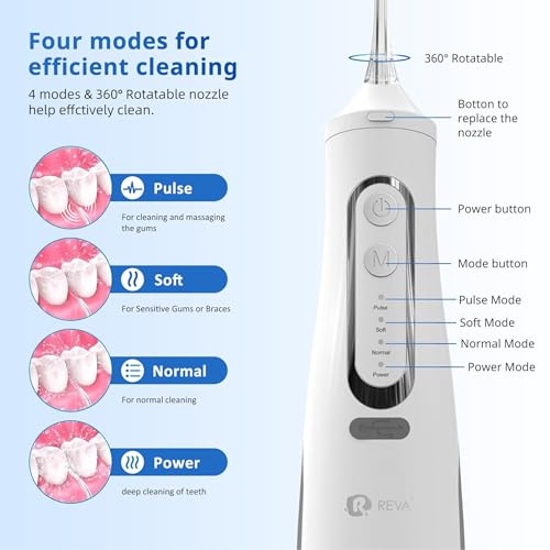 REVA White Cordless Dental Water Flosser - 310ML, 4 Modes, Rechargeable, 4 Tips