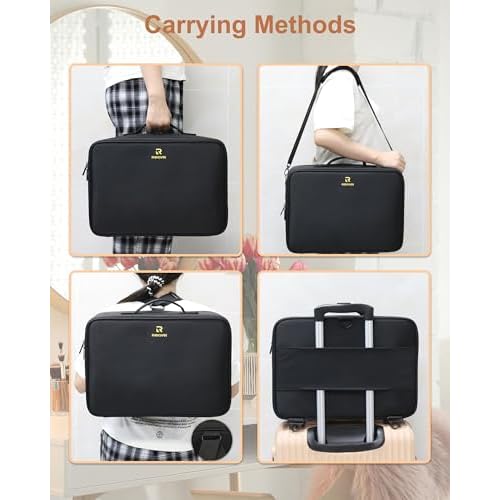 Relavel Large Makeup Bag with 3 Removable Pouches, Travel Train Case Cosmetic Organizer Carrying Box for Makeup Artists Hairstylist with Adjustable Dividers, Brush Holder and Shoulder Strap, Black