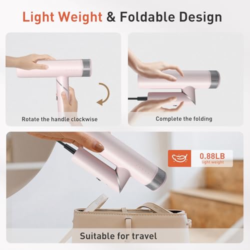 Foldable Hair Dryer with Negative Ions - Pink, High-Speed 110K RPM Ionic Blow Dryer for Fast Drying