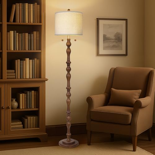 Dark Brown Natural Wood Floor Lamp with Linen Shade & Dual Pull Chain Switch
