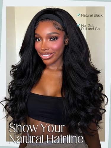 WIGNEE Black Long Yaki Curly Headband Wig for Black Women, Glueless, 26 Inch
