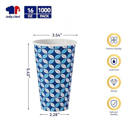 JOLLY CHEF 1000 Pack 16 oz Paper Coffee Cups - Blue & Grey Leaf Design