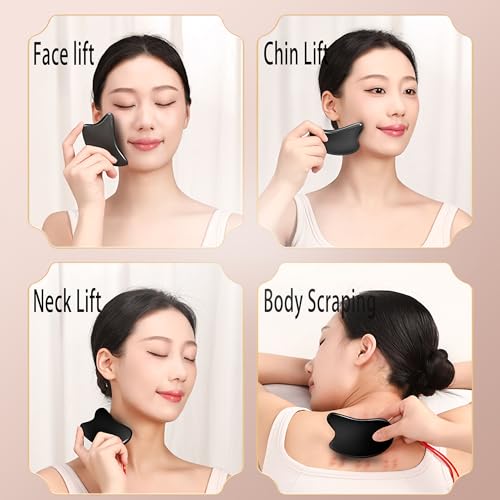 Gua Sha Facial Tools Set of 4 - Premium Bian Stone for Face & Body: Glowing Massage, Daily Skincare Routine, Age-Rewinding, Face Lifting & Slimming Beauty Kit for Woman Man(Black)
