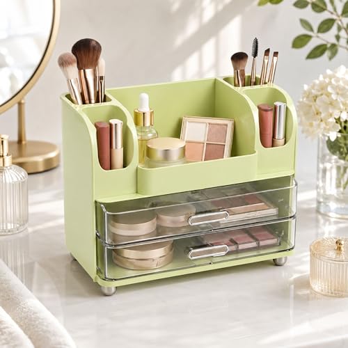 ROOM127 Vintage Green Makeup Organizer with 2 Clear Drawers & Brush Holders