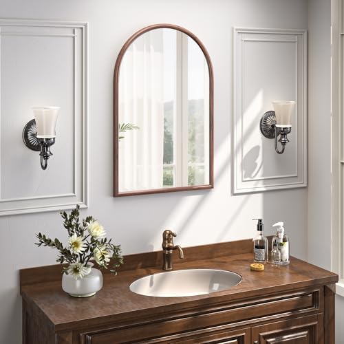 24x36 Arch Wall Mirror with Wood Grain Finish - Walnut Frame, Tempered Glass