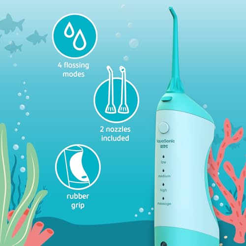 Aquasonic Kids Water Flosser Blue for Ages 6+ with Nozzles & Waterproof Stickers