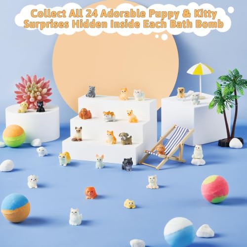 Kids Bath Bombs with Surprise Puppy & Cat Toys - Safe Gift Set, 24 Pack