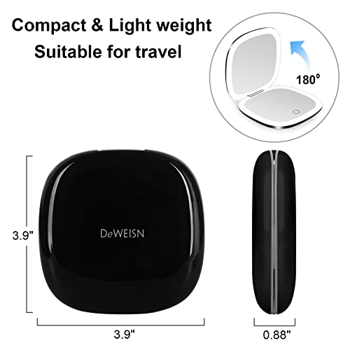 Lighted Travel Compact Mirror with 1X/10X Magnification & Dimmable LED Light - Black