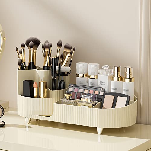 DASITON Large Capacity Makeup Brush Holder,360¡Æ Rotating Makeup Organizer,9 Slot Makeup Brushes Cup,for Vanity Decor,Bathroom Countertops,Desk Storage Container,Cosmetic Display cases(Cream-L)