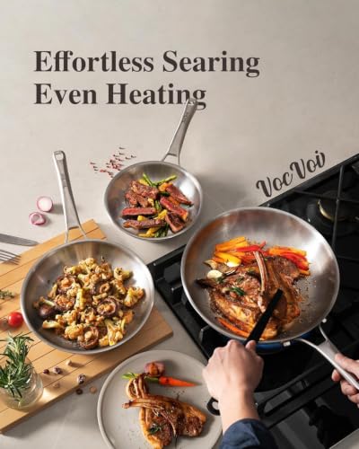 VocVoi 3-Ply Stainless Steel Frying Pan Set 8in/10in/12in with Ergonomic Handles