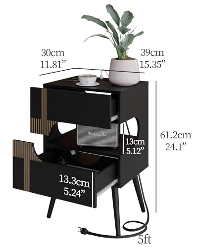 Black Nightstand with Charging Station & LED Lights, Modern Bedside Table with 2 Drawers