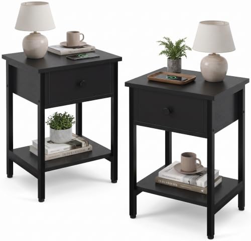 Nightstands Set of 2 with Drawers & Storage Shelves - Black, Modern Bedside Table