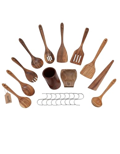 Teak Wood Utensil Set - 12-Piece Natural Wooden Cooking Tools for Nonstick & Durable Kitchen Use