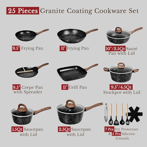 25-Piece Nonstick Cookware Set with Frying Pans & Saucepans - Black