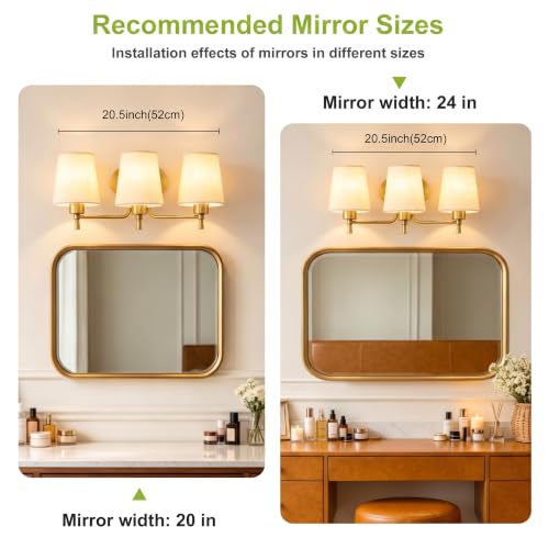 Deyidn Gold Brushed Bathroom Light Fixtures 3 Lights with Linen Shade - Modern Vanity Lighting