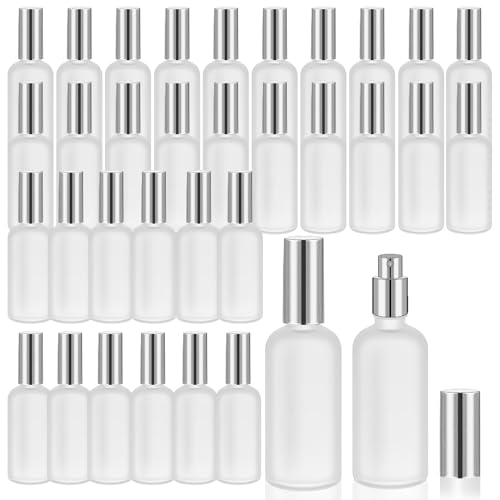 32 Pack Frosted Glass Spray Bottles with Fine Mist Pump - Reusable Perfume & Travel Containers - Silver